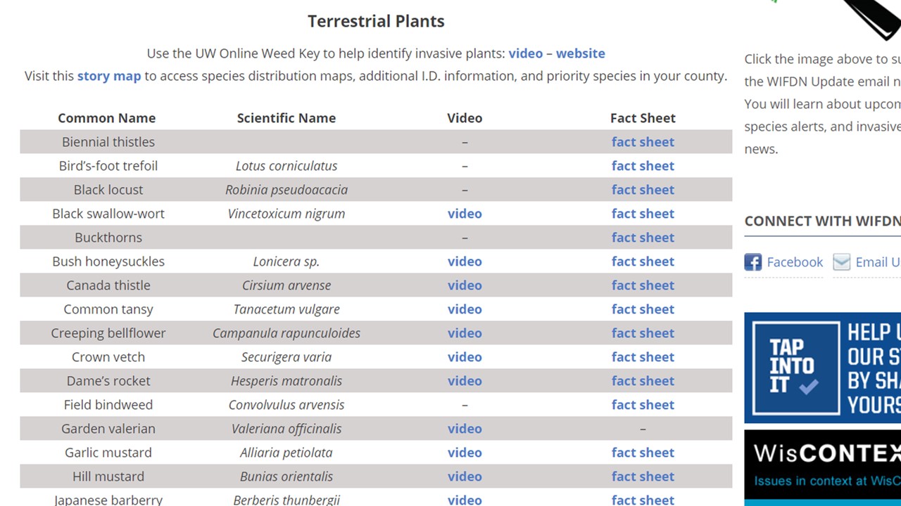 A screenshot of the terrestrial plants section of the WIFDN website.